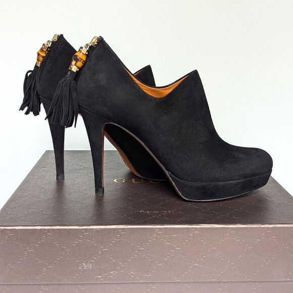 Gucci Betty High Heel Platform Bootie Size 36.5 | 6.5 Black Suede Bamboo Tassel - Picture 4 of 15